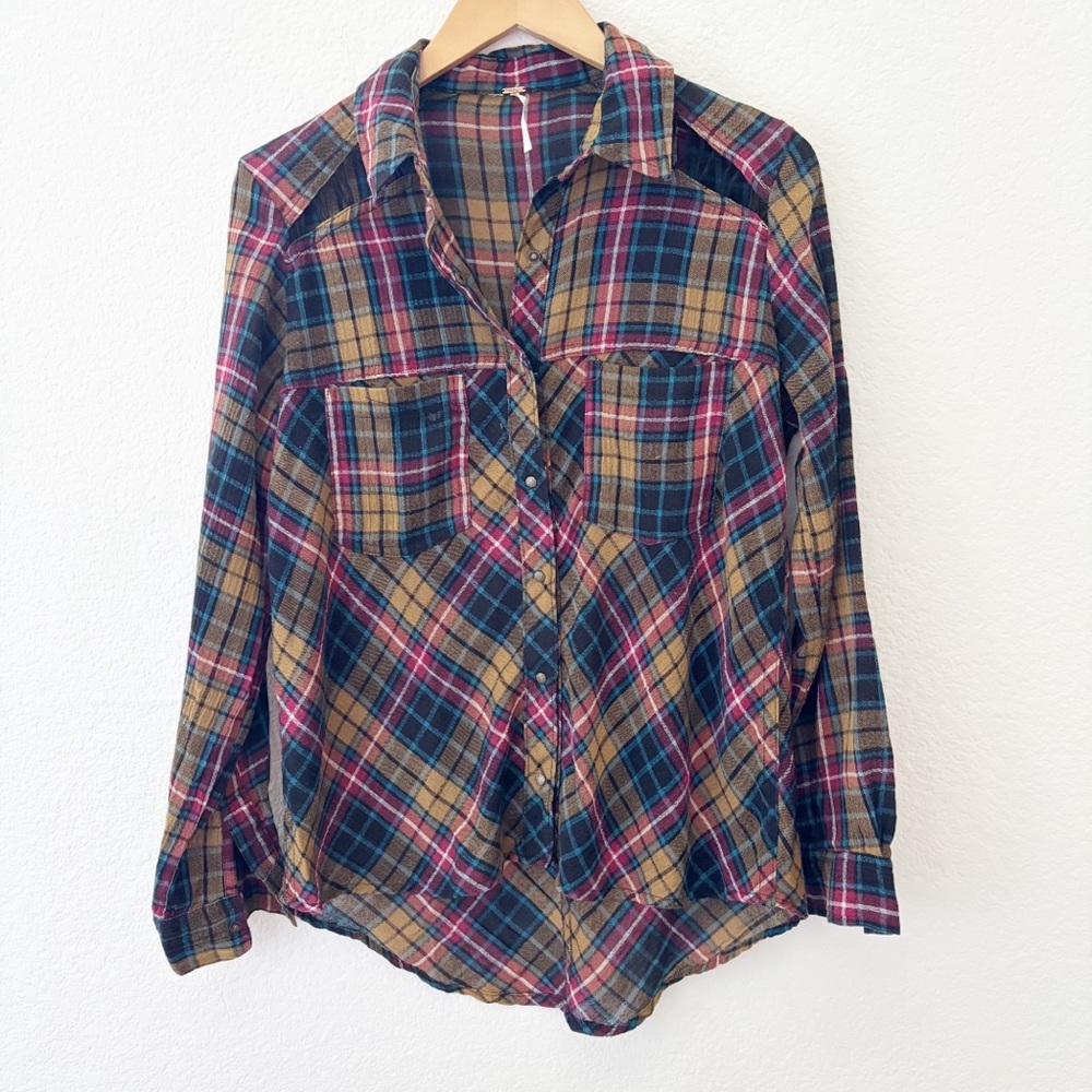 Free People shoulder cut out plaid flannel button down‎ top Size XS